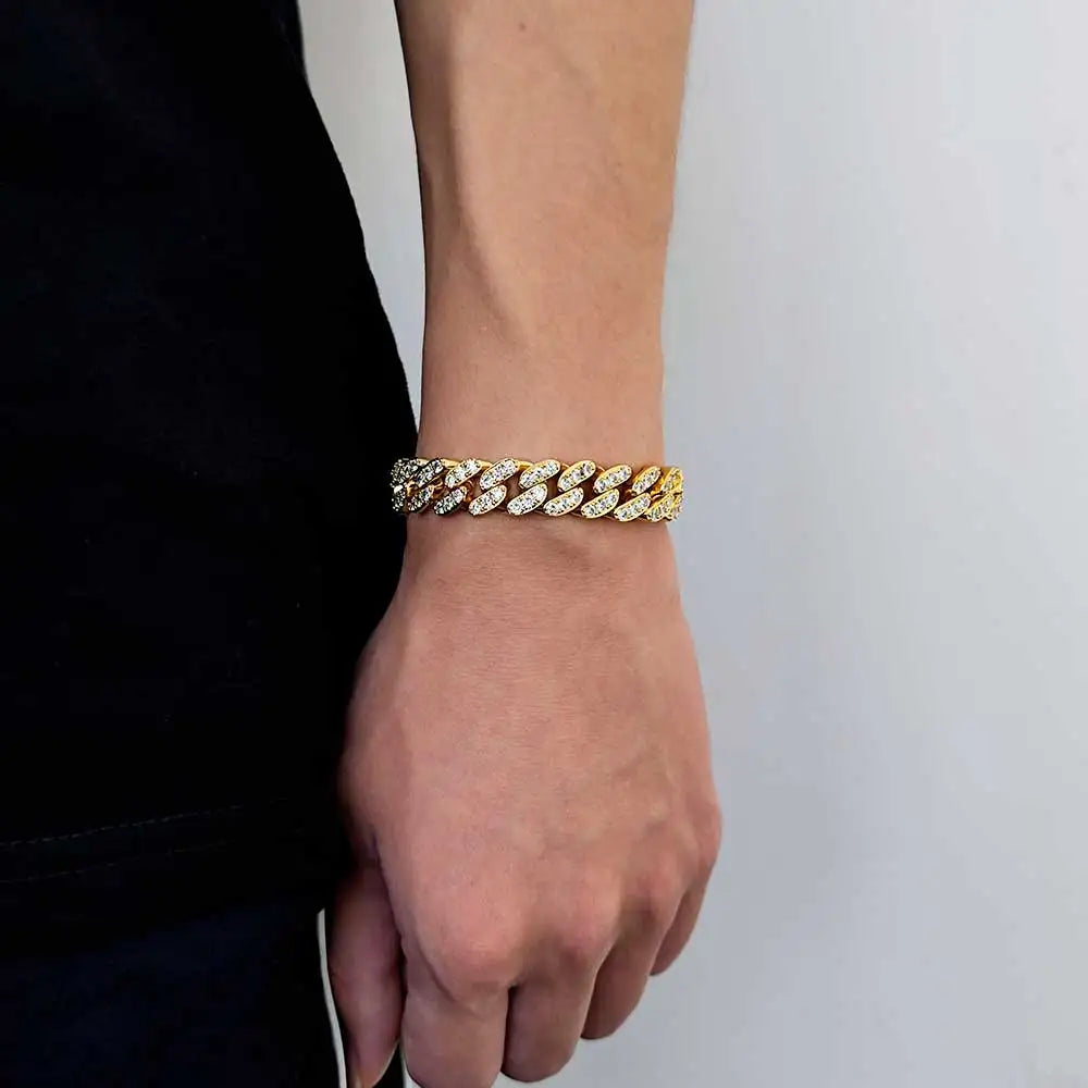 Pulsera cubana de eslabones con circonitas cúbicas de lujo, dos filas de circonitas y cobre, estilo Miami Cuban Bracelet, con incrustaciones de circonitas, estilo hip hop, para hombres y mujeres.