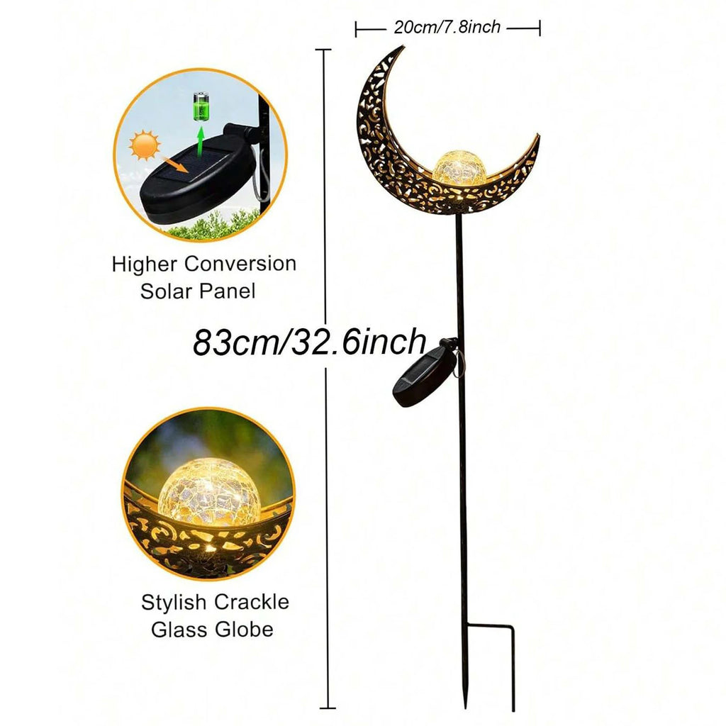 Luces solares para jardín, decoración exterior, luces de cristal craquelado con forma de luna, adorno de metal con estaca LED blanco cálido, regalo único para jardinería.