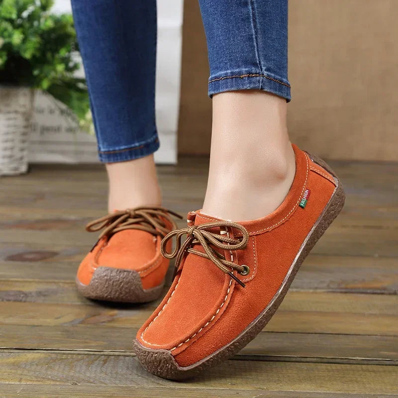 Zapatos casuales de mujer de nueva colección 2025: bailarinas de ante y piel, mocasines con cordones, zapatos de moda para mujer, tallas grandes 35-42.