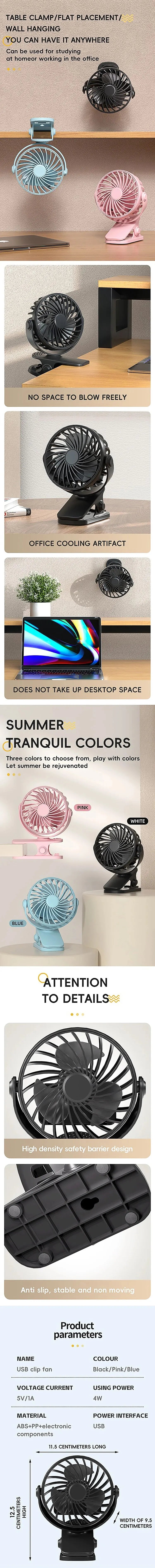 Ventilador recargable giratorio de 720° con clip para colgar y luz nocturna para facilitar su transporte. Ideal para oficina, dormitorio, residencia estudiantil y exteriores. Ventilador pequeño.