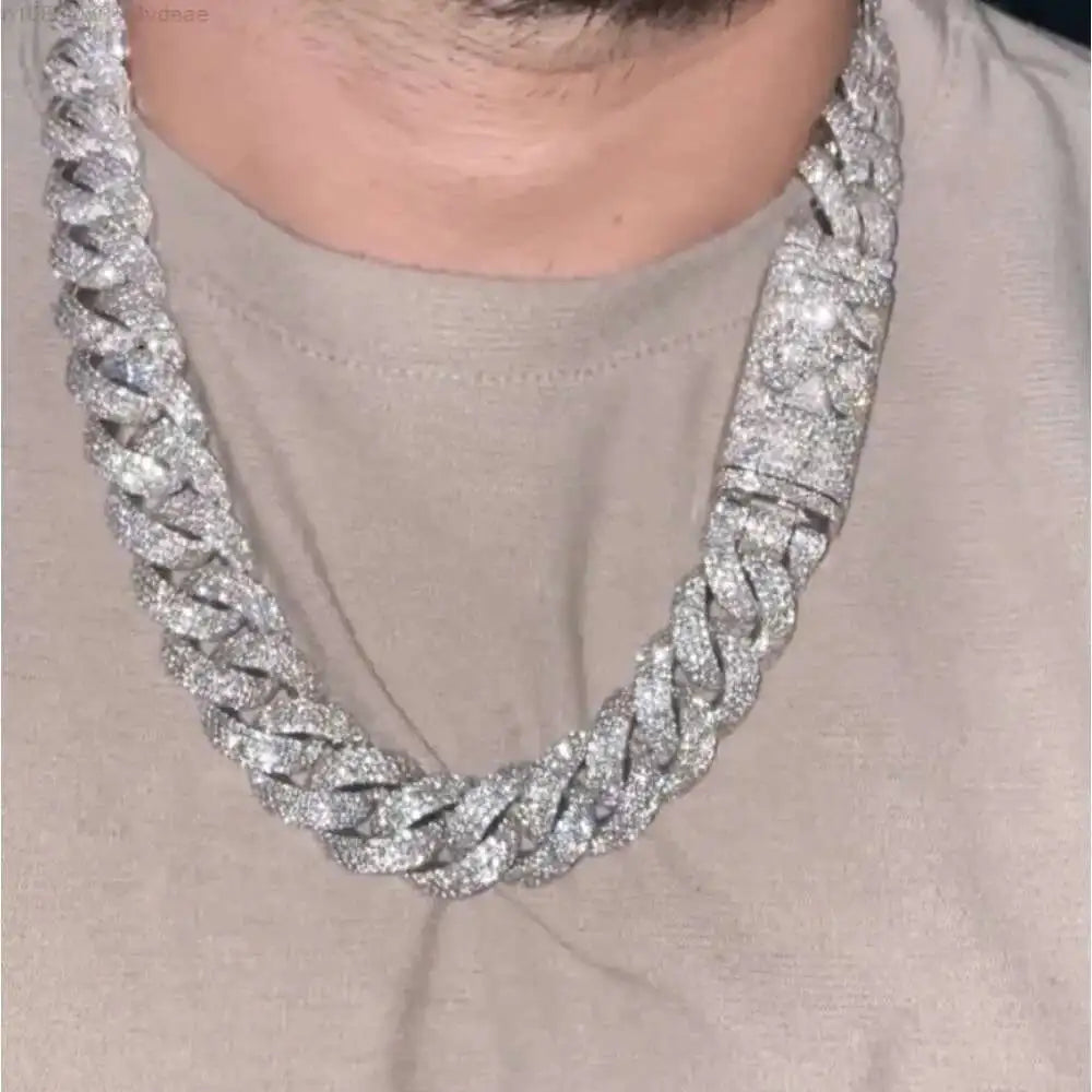 Cadena cubana de plata de 18 mm para hombre, chapada en oro blanco, S925 D VVS Moissanite.