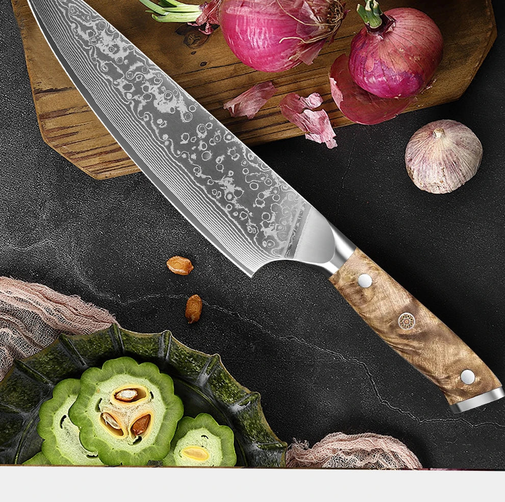 Cuchillo de chef profesional de 8 pulgadas, hecho a mano en acero de Damasco japonés, con mango de madera de raíz natural, ideal para cortar carne y verduras