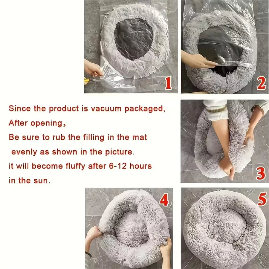 Cama suave para mascotas, almohadilla de felpa cálida de piel sintética para perros, cama relajante tipo donut redonda, cómoda para dormir, lavable, para perros y gatos pequeños y medianos.