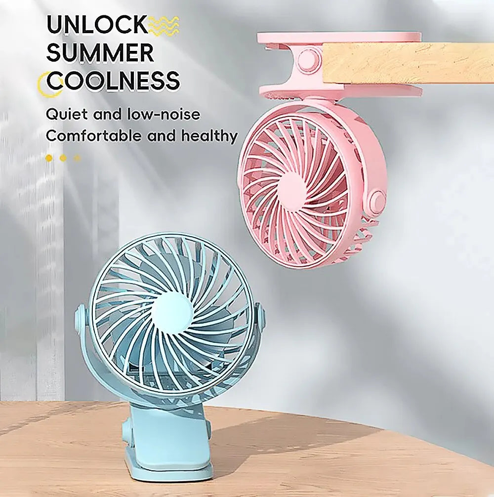 Ventilador recargable giratorio de 720° con clip para colgar y luz nocturna para facilitar su transporte. Ideal para oficina, dormitorio, residencia estudiantil y exteriores. Ventilador pequeño.