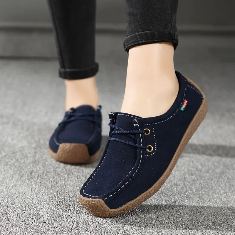 Zapatos casuales de mujer de nueva colección 2025: bailarinas de ante y piel, mocasines con cordones, zapatos de moda para mujer, tallas grandes 35-42.