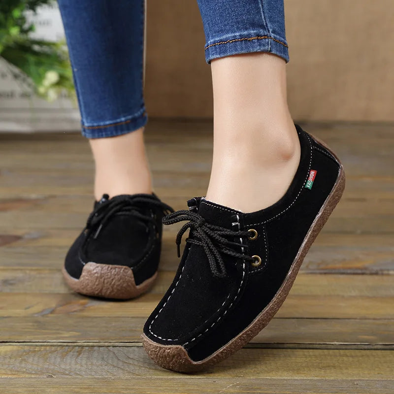 Zapatos casuales de mujer de nueva colección 2025: bailarinas de ante y piel, mocasines con cordones, zapatos de moda para mujer, tallas grandes 35-42.