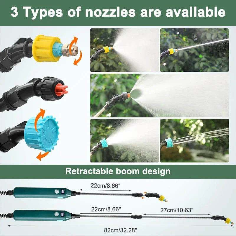 Pulverizador eléctrico portátil de 2400 mAh con 3 boquillas de niebla para riego de plantas y jardines.