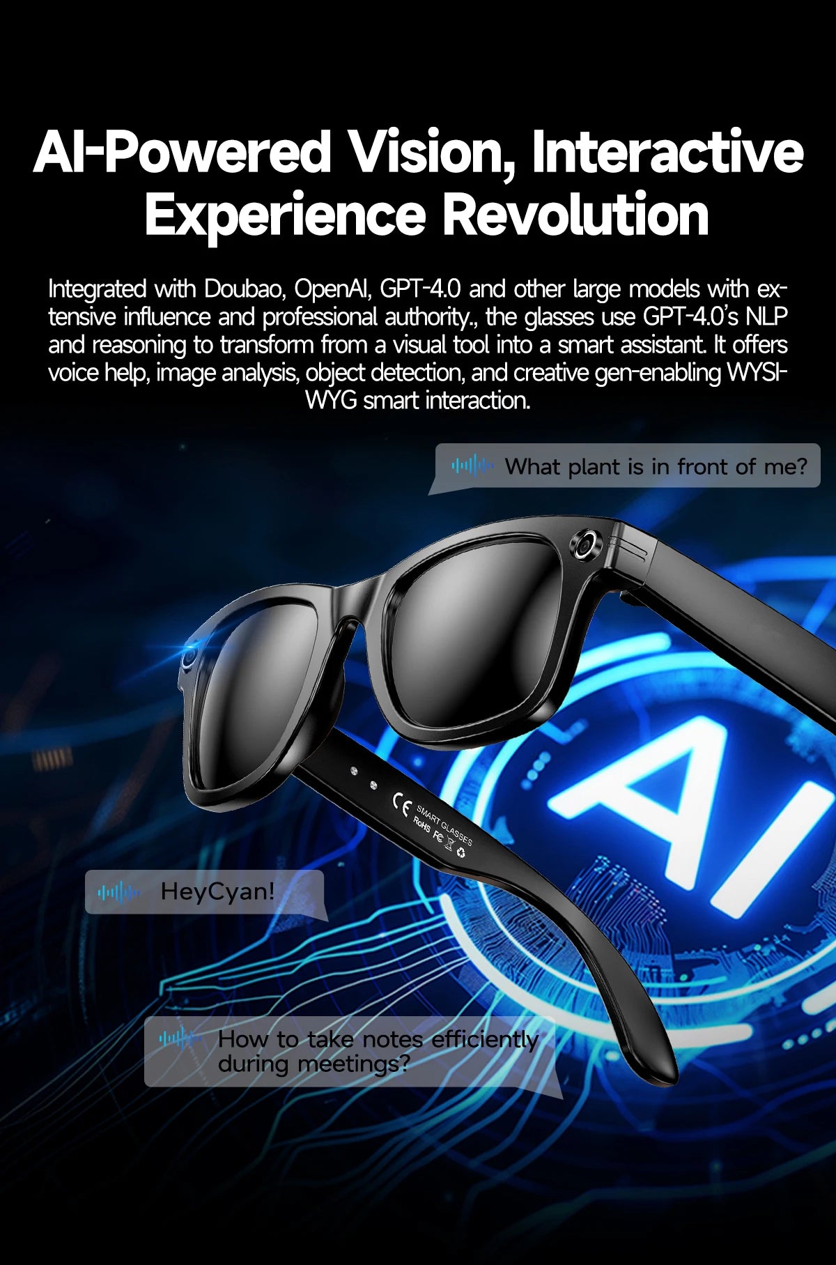 Gafas inteligentes 2026 con cámara de 8 MP, grabación de video, reconocimiento fotográfico por IA, llamadas Bluetooth y traducción de voz. Gafas de sol para hombre y mujer