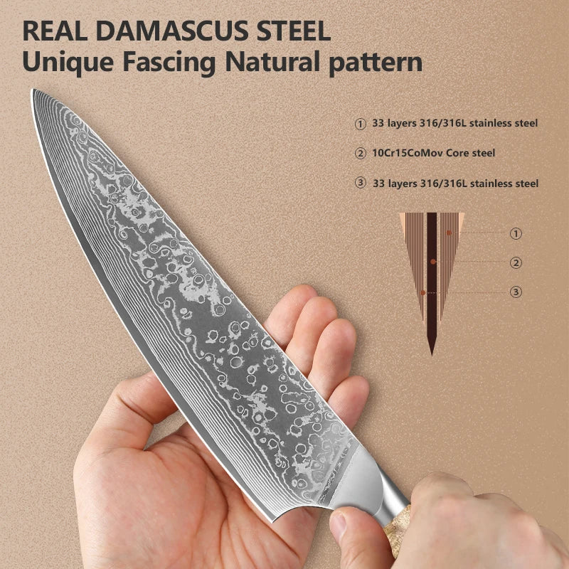 Cuchillo de chef profesional de 8 pulgadas, hecho a mano en acero de Damasco japonés, con mango de madera de raíz natural, ideal para cortar carne y verduras
