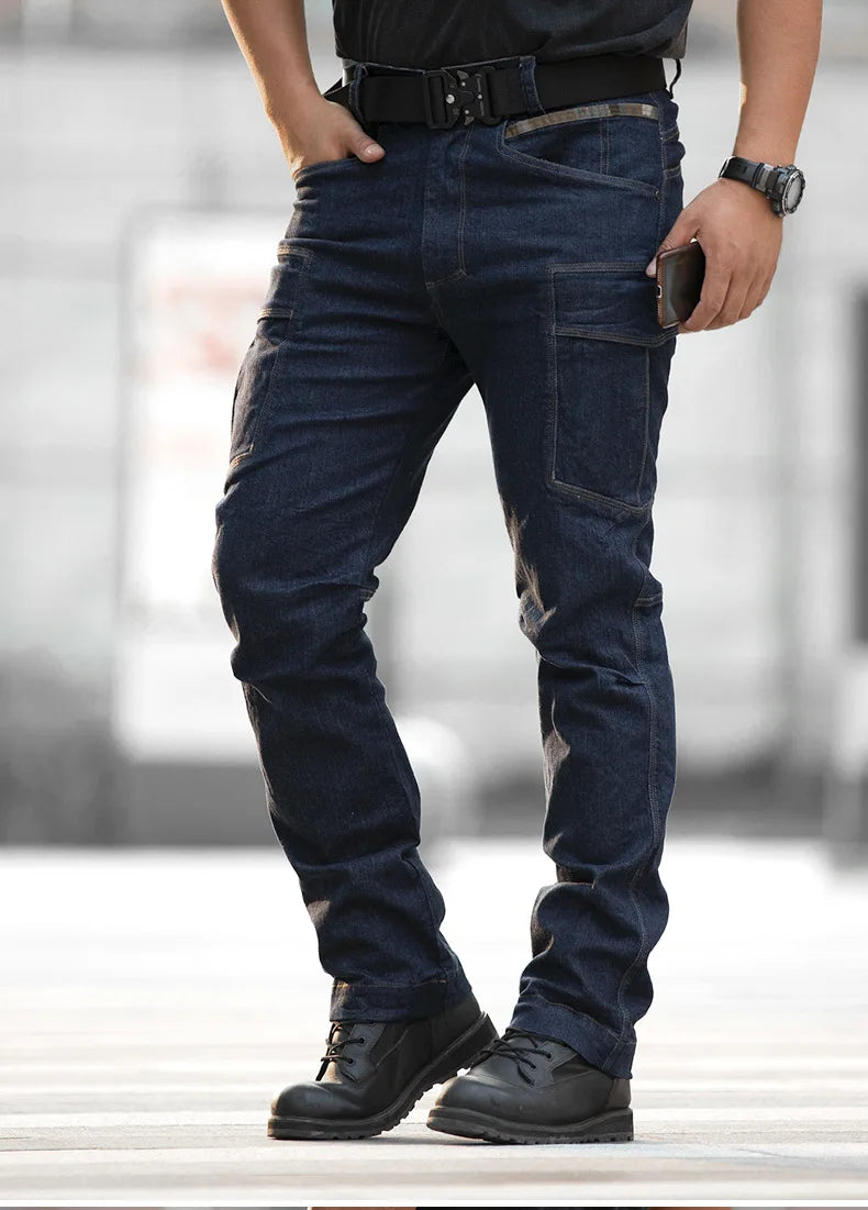 Pantalones vaqueros tácticos para hombre, estilo militar, de mezclilla, cargo, con múltiples bolsillos, elásticos, informales, para trabajo, entrenamiento y senderismo al aire libre.
