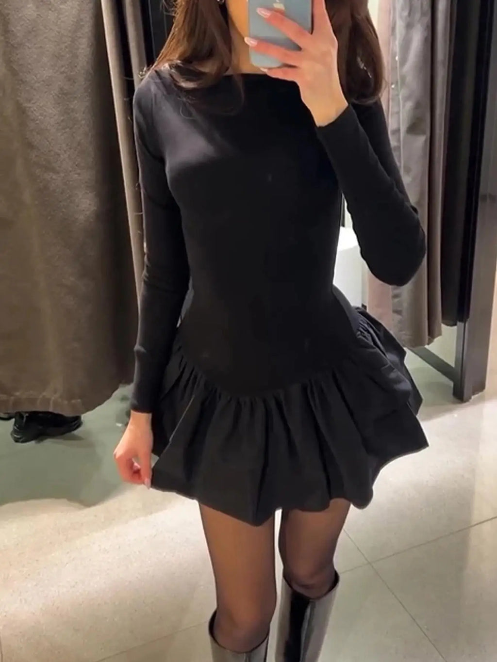 Vestido de mujer liso con volantes escalonados, corte A, elegante, cuello redondo, ajustado, minivestido, otoño, manga larga, sencillo, estilo boho.