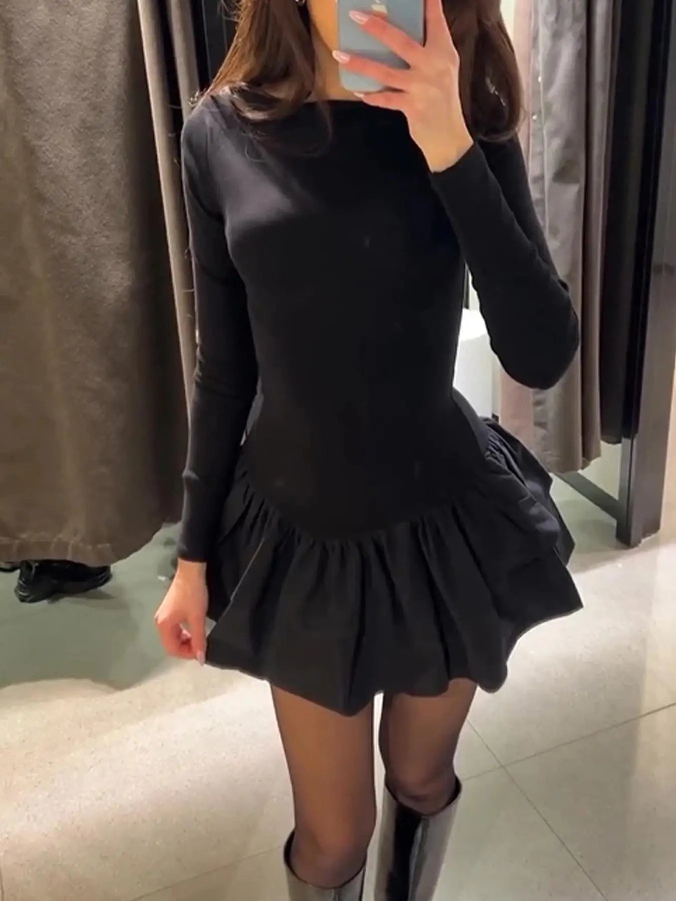 Vestido de mujer liso con volantes escalonados, corte A, elegante, cuello redondo, ajustado, minivestido, otoño, manga larga, sencillo, estilo boho.