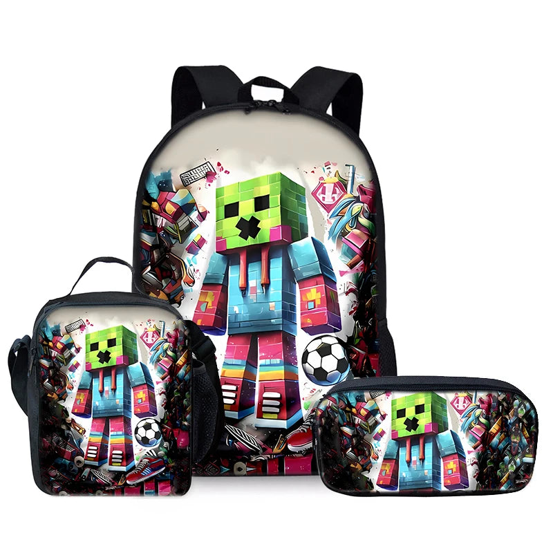 Juego My World: Mochilas de tres piezas con personajes para niños y niñas. El mejor regalo. Mochila escolar con diseño de dibujos animados en 2D para niños.