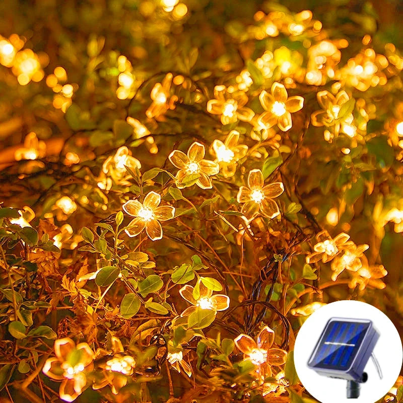 Guirnaldas de luces solares con forma de flores de cerezo para jardín, luces solares impermeables para exteriores, decoración navideña para césped y caminos.