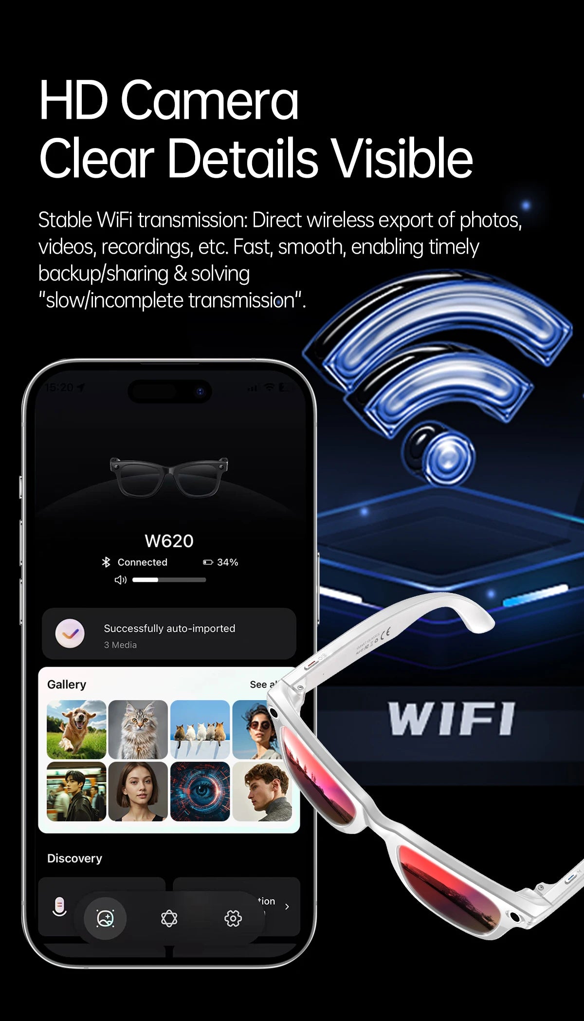 Gafas inteligentes con IA, 5 millones de píxeles, grabación de vídeo, reconocimiento fotográfico, traducción de respuestas, batería de 290 mAh, resistencia al agua IP66, Bluetooth.