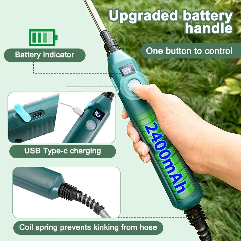Pulverizador eléctrico portátil de 2400 mAh con 3 boquillas de niebla para riego de plantas y jardines.