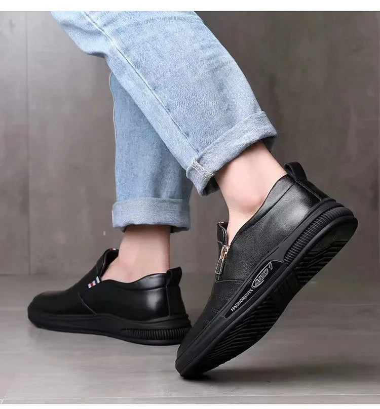 Zapatos casuales de cuero para hombre, mocasines con cremallera, zapatillas de marca de lujo para hombre, cómodos, casuales, mocasines, zapatos para conducir al aire libre.