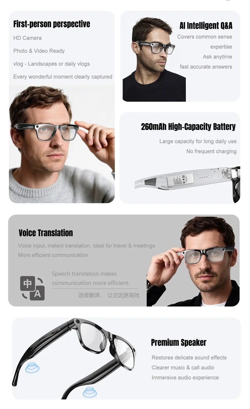 Gafas inteligentes 4K HD con IA, fotocromáticas, multifunción, Bluetooth, llamadas, asistente de voz, reproductor de música, traductor y cámara.