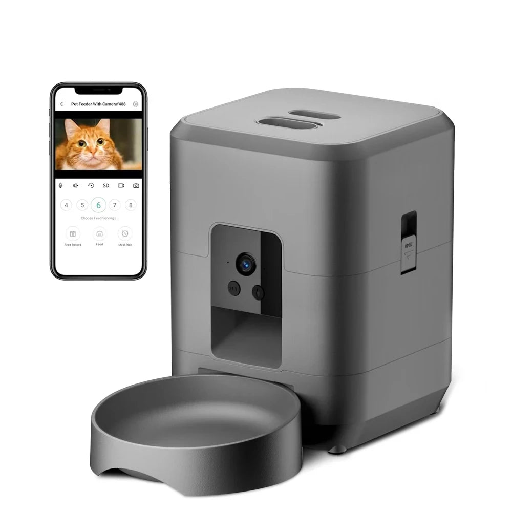 Comedero automático inteligente para mascotas de 2 litros con Wi-Fi y cámara HD 1080P, control por aplicación para alimentar a perros y gatos a distancia.