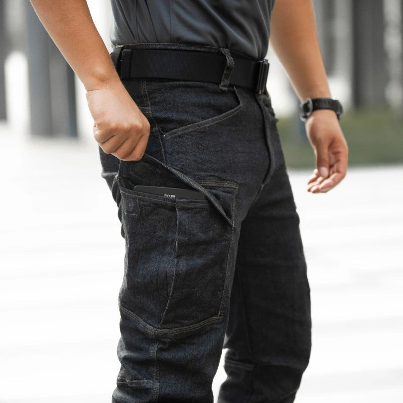 Pantalones vaqueros tácticos para hombre, estilo militar, de mezclilla, cargo, con múltiples bolsillos, elásticos, informales, para trabajo, entrenamiento y senderismo al aire libre.