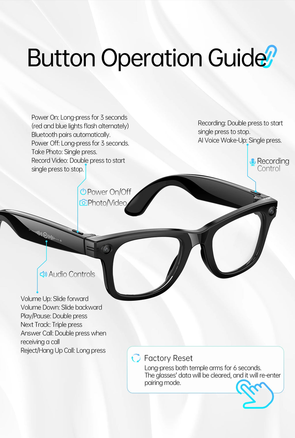Gafas inteligentes con IA, 5 millones de píxeles, grabación de vídeo, reconocimiento fotográfico, traducción de respuestas, batería de 290 mAh, resistencia al agua IP66, Bluetooth.