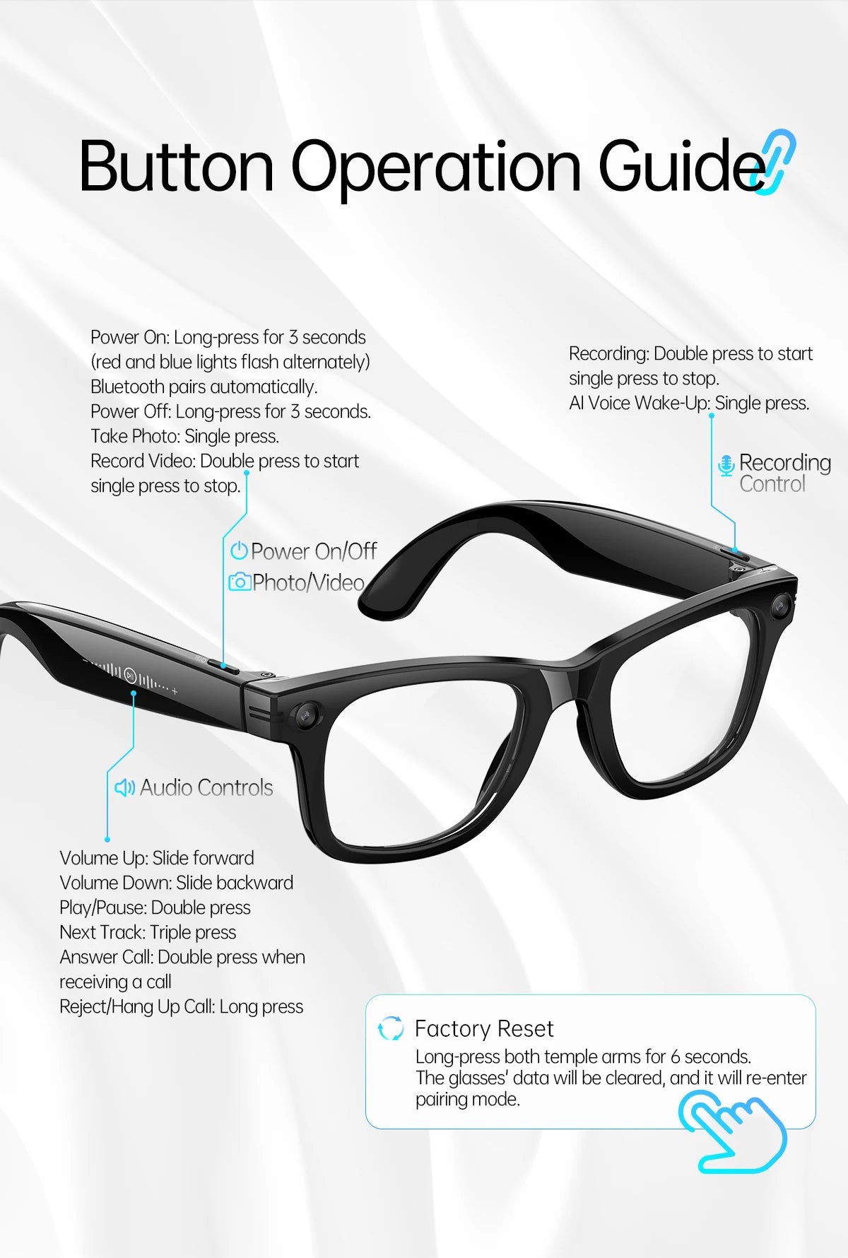 Gafas inteligentes con IA, 5 millones de píxeles, grabación de vídeo, reconocimiento fotográfico, traducción de respuestas, batería de 290 mAh, resistencia al agua IP66, Bluetooth.