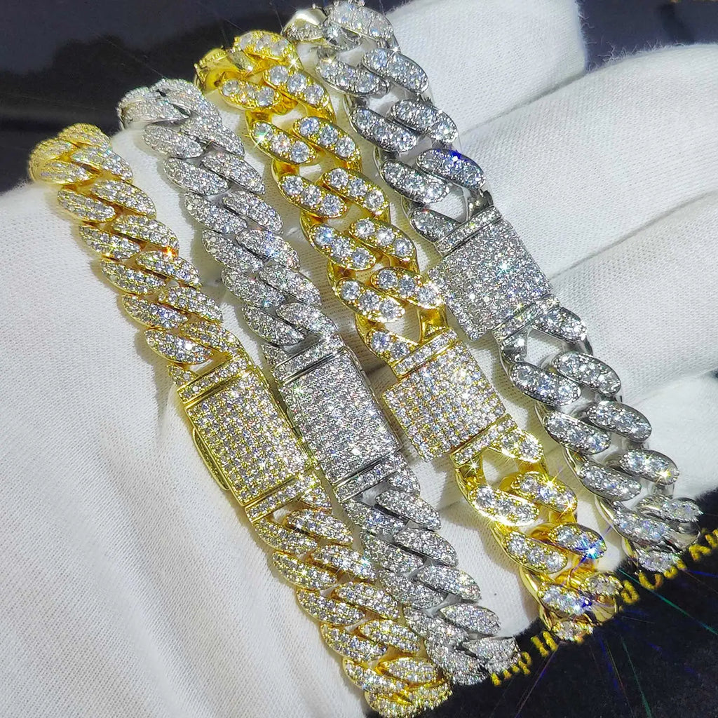 Pulsera cubana de eslabones con circonitas cúbicas de lujo, dos filas de circonitas y cobre, estilo Miami Cuban Bracelet, con incrustaciones de circonitas, estilo hip hop, para hombres y mujeres.