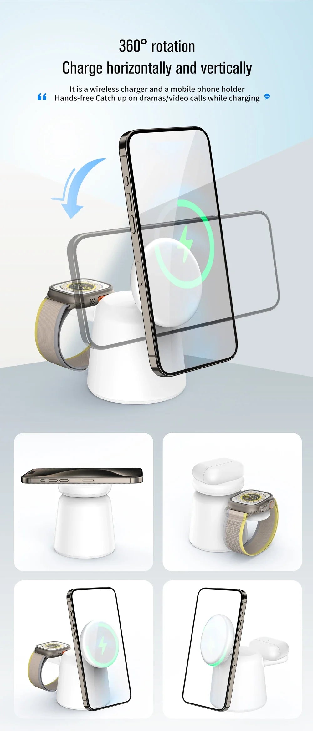 Soporte cargador inalámbrico magnético plegable 3 en 1 para iPhone 15, 14, 13, 12 Pro Max, AirPods, Apple Watch 9, 8, 7 y 6. Base de carga rápida.