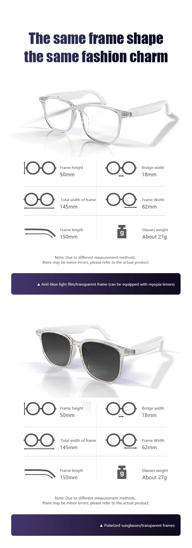 Gafas inteligentes GS03 mejoradas con cámara, grabación de vídeo, reconocimiento fotográfico por IA, traducción de llamadas por Bluetooth y asistente de voz.