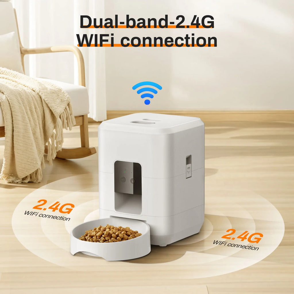 Comedero automático inteligente WiFi de 2 litros para gatos y perros con temporizador y alerta de bajo nivel de comida.