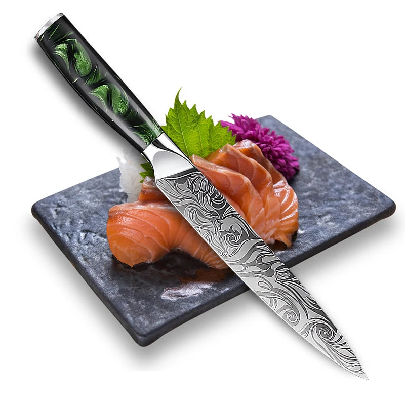 Cuchillo de cocina, cuchillo de chef, cuchillo japonés, cuchillo con patrón de Damasco láser, cuchillo para cortar carne, fruta, pan, verduras, cuchillo deshuesador, cuchillo multiusos para rebanar