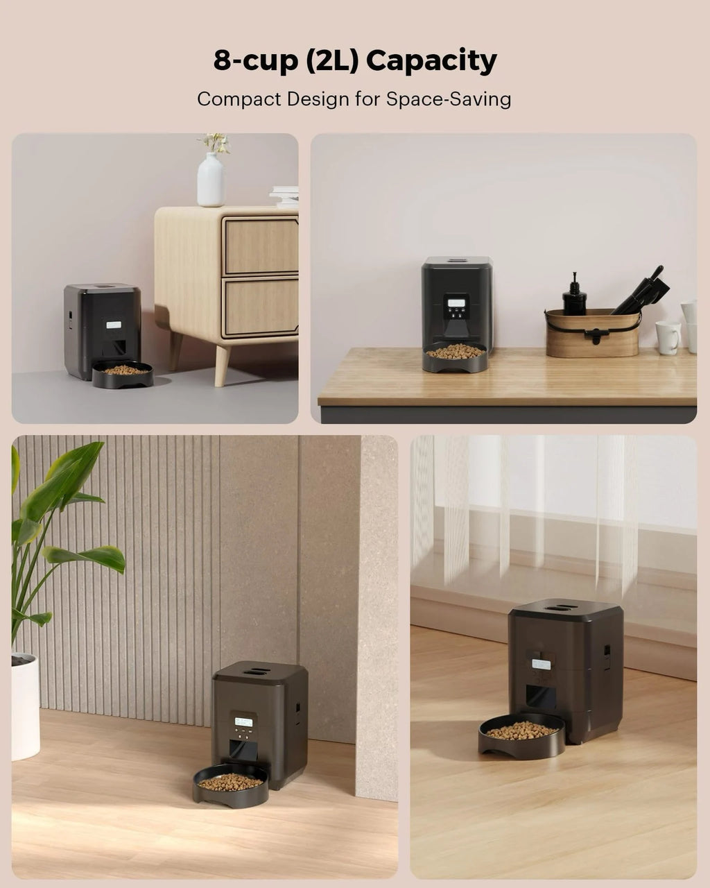 Comedero automático inteligente WiFi de 2 litros para gatos y perros con temporizador y alerta de bajo nivel de comida.