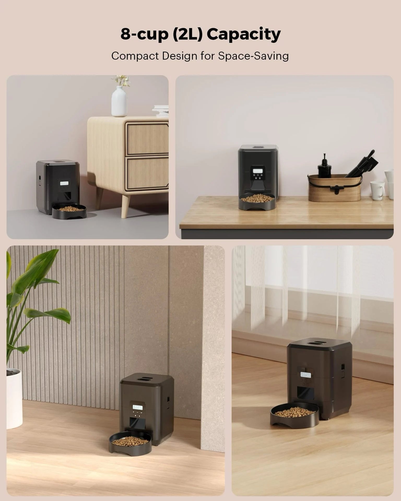 Comedero automático inteligente WiFi de 2 litros para gatos y perros con temporizador y alerta de bajo nivel de comida.