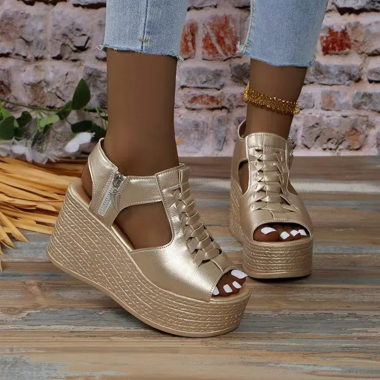 Sandalias de cuña con plataforma para mujer, nuevas, sexys, de color liso, tacón alto, punta abierta, cremallera lateral, antideslizantes, para caminar. Zapatos de diseñador.