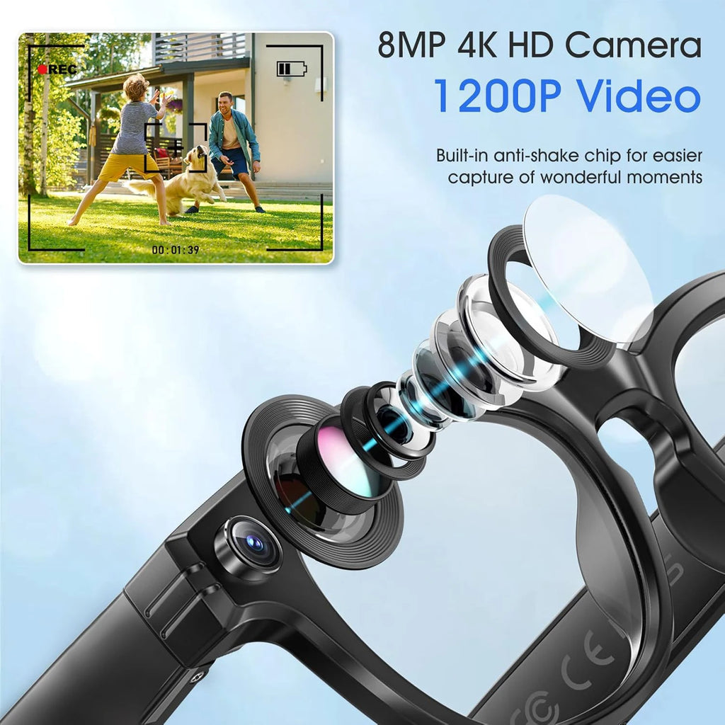 Gafas inteligentes 2026 con cámara de 8 MP, grabación de video, reconocimiento fotográfico por IA, llamadas Bluetooth y traducción de voz. Gafas de sol para hombre y mujer
