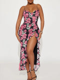 Vestido de playa retro de moda para mujer con estampado floral y tirantes.