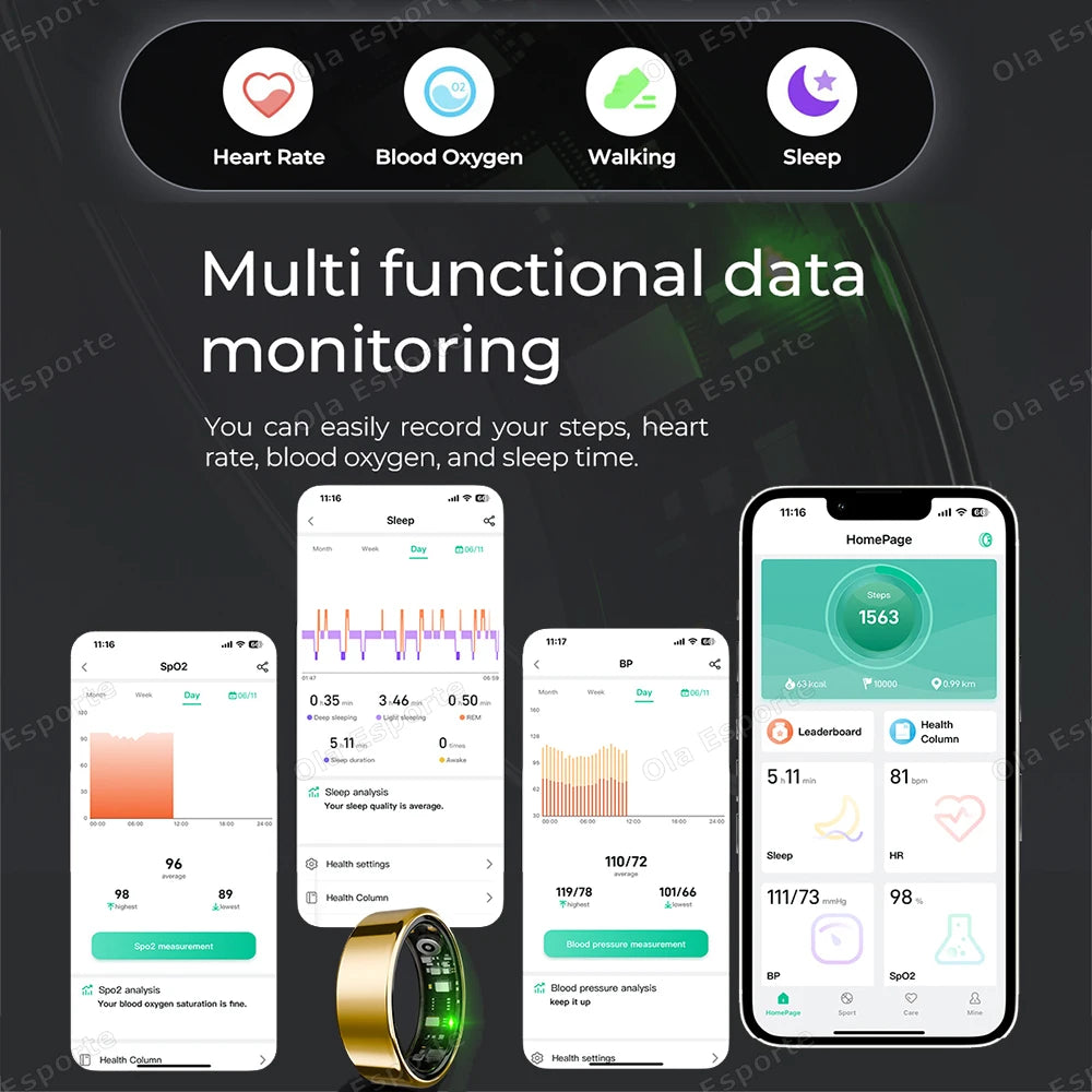 Anillo inteligente para hombres y mujeres con control de cámara, monitor de frecuencia cardíaca y oxígeno en sangre. Resistente al agua IP68 y 5ATM. Modo multideporte.