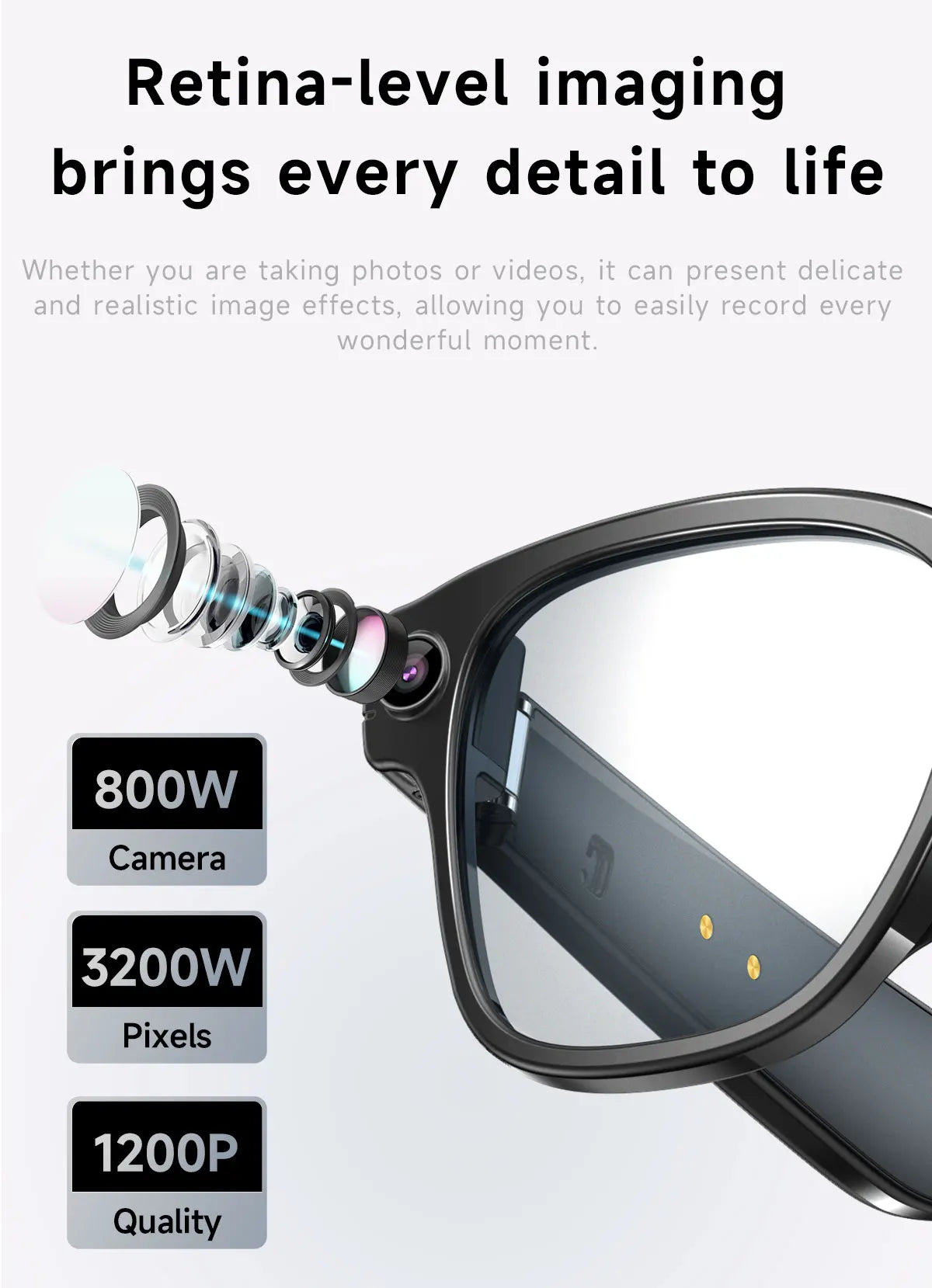 Gafas inteligentes con cámara HD de 8 MP, vídeo HD antivibración de 1200p, asistente de voz inteligente con IA, traducción en tiempo real y reconocimiento de objetos.
