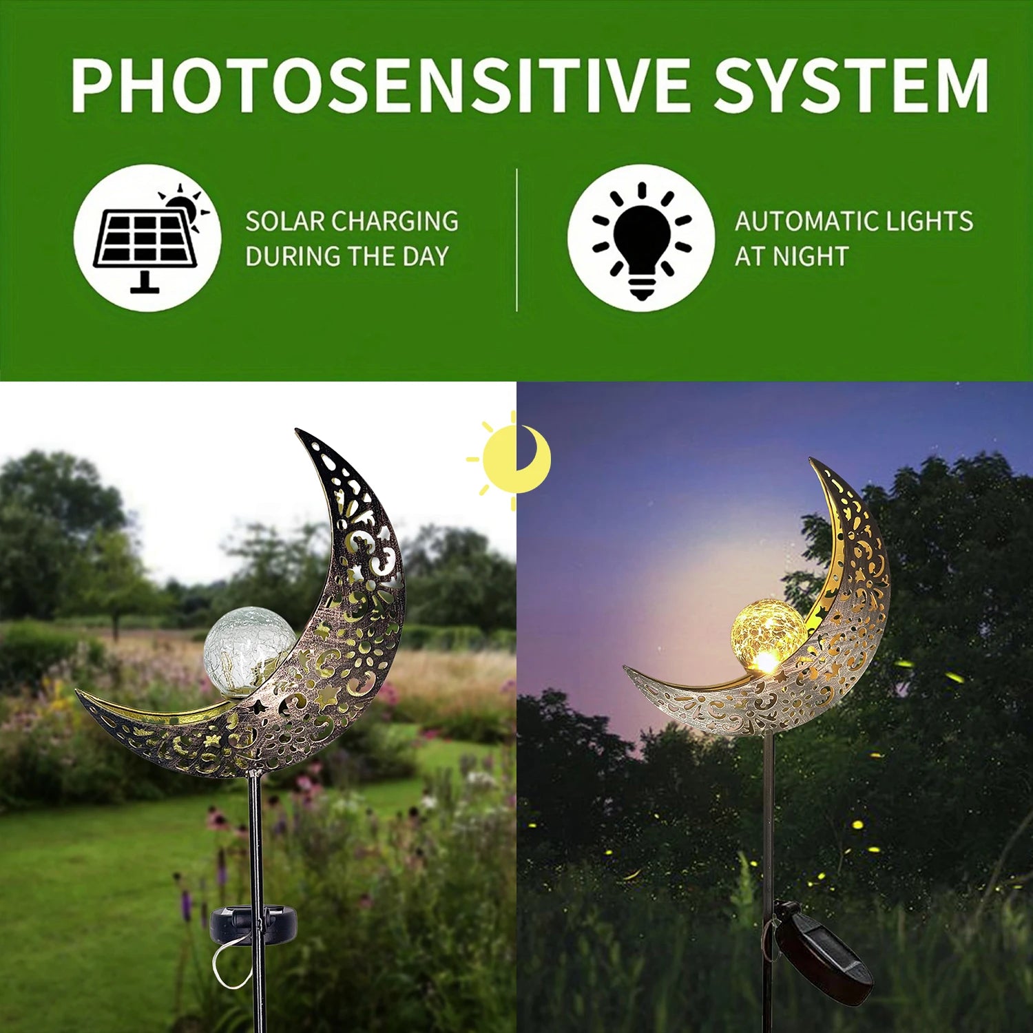 Luces solares para jardín, decoración exterior, luces de cristal craquelado con forma de luna, adorno de metal con estaca LED blanco cálido, regalo único para jardinería.