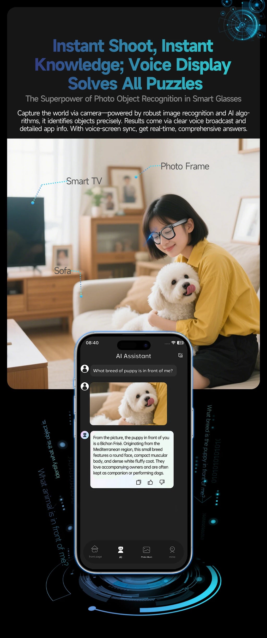 Gafas inteligentes con IA 2026 con cámara de 8 MP, grabación de video, traducción a más de 100 idiomas, Bluetooth, llamadas y reproducción de música. Para hombres y mujeres.