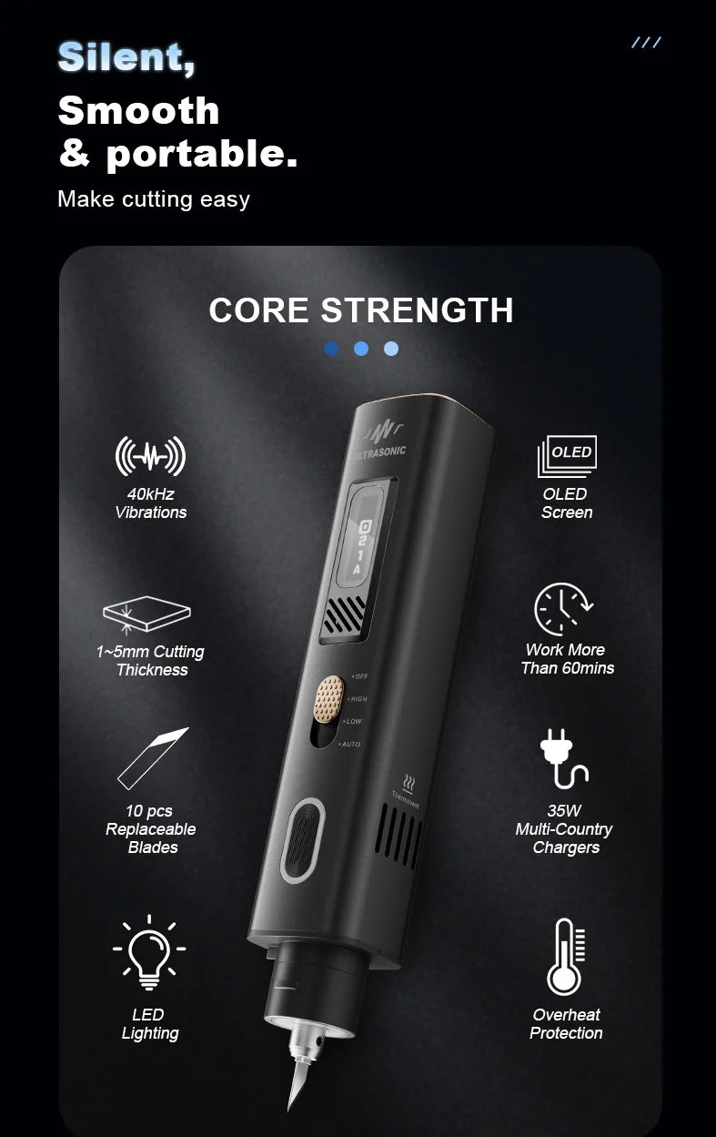 Cuchillo de corte ultrasónico Jakemy de 40 kHz, cuchillo ultrasónico portátil con 10/50 cuchillas de repuesto, herramienta de bricolaje para cortar y pulir