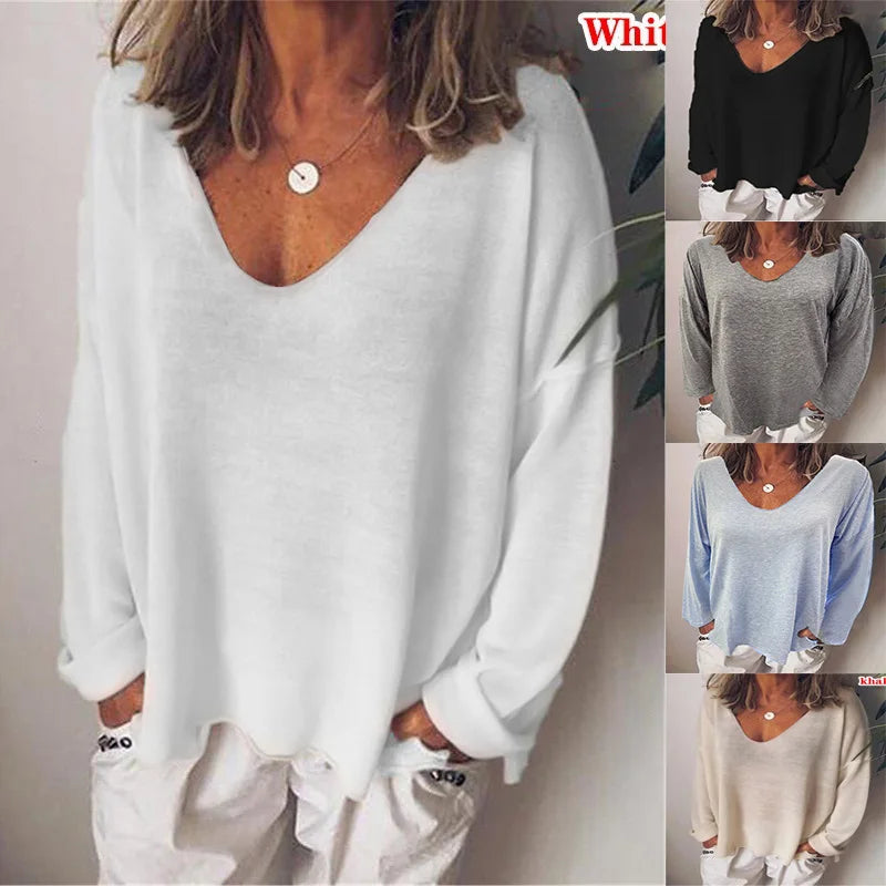 Camiseta de mujer de moda de verano, color liso, estilo casual, versátil, holgada, con cuello en V, manga larga, estilo Y2K.