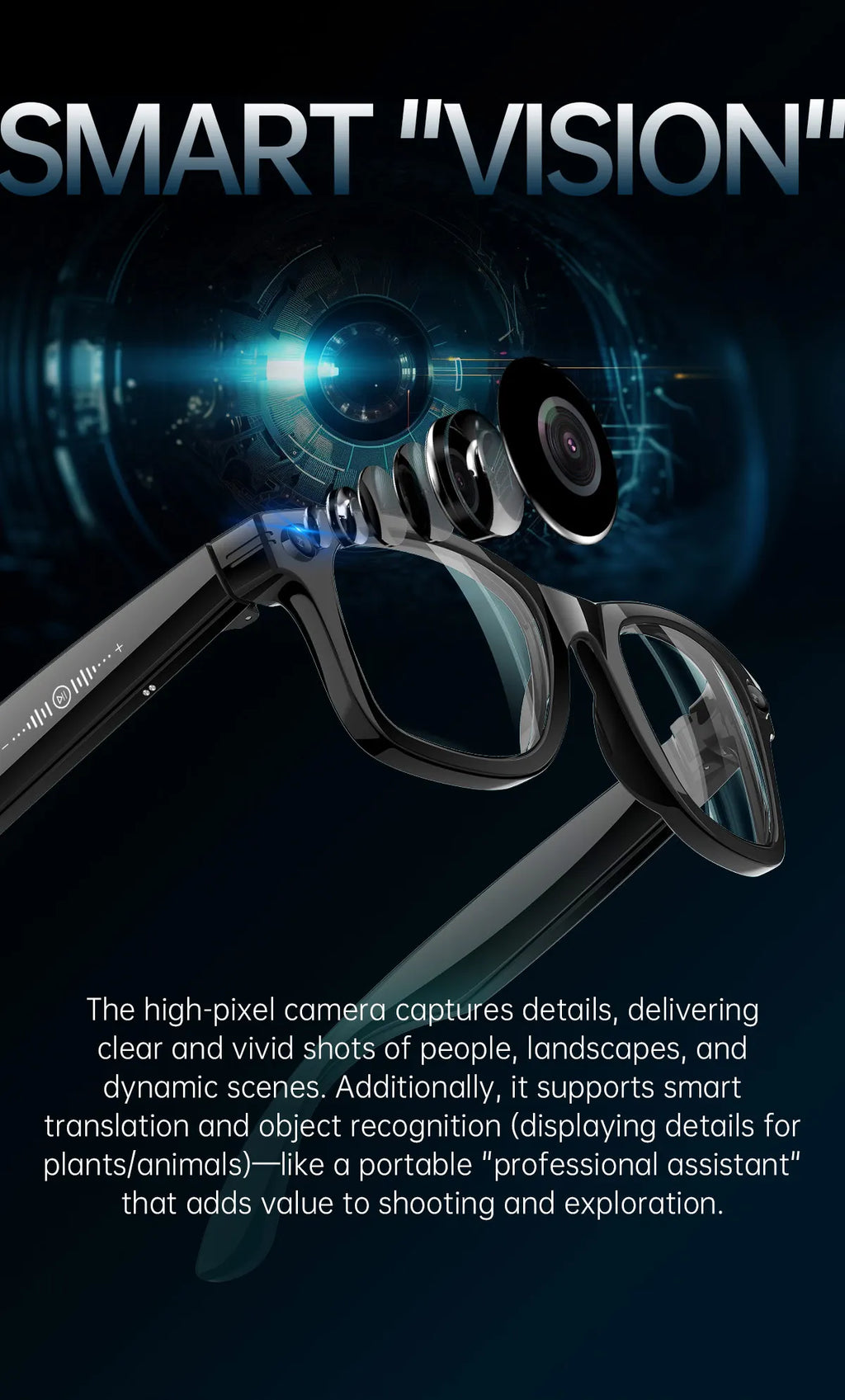 Gafas inteligentes con IA, 5 millones de píxeles, grabación de vídeo, reconocimiento fotográfico, traducción de respuestas, batería de 290 mAh, resistencia al agua IP66, Bluetooth.