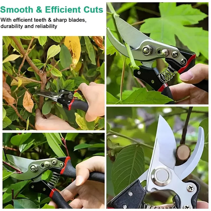 Juego de herramientas de jardinería multiusos con 5 piezas: tijeras de podar, sierra plegable, tijeras para plantas.
