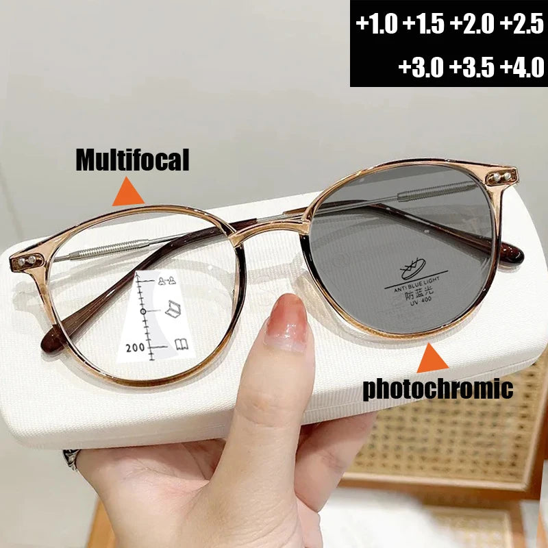 Gafas de lectura fotocromáticas inteligentes unisex redondas progresivas multifocales para presbicia, con acabado para visión de cerca y de lejos, bifocales