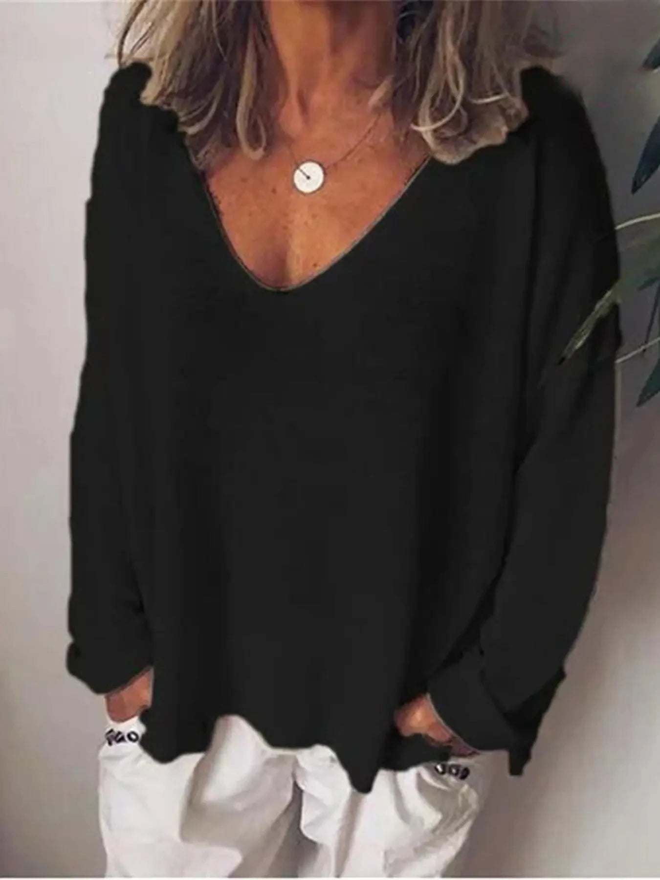 Camiseta de mujer de moda de verano, color liso, estilo casual, versátil, holgada, con cuello en V, manga larga, estilo Y2K.
