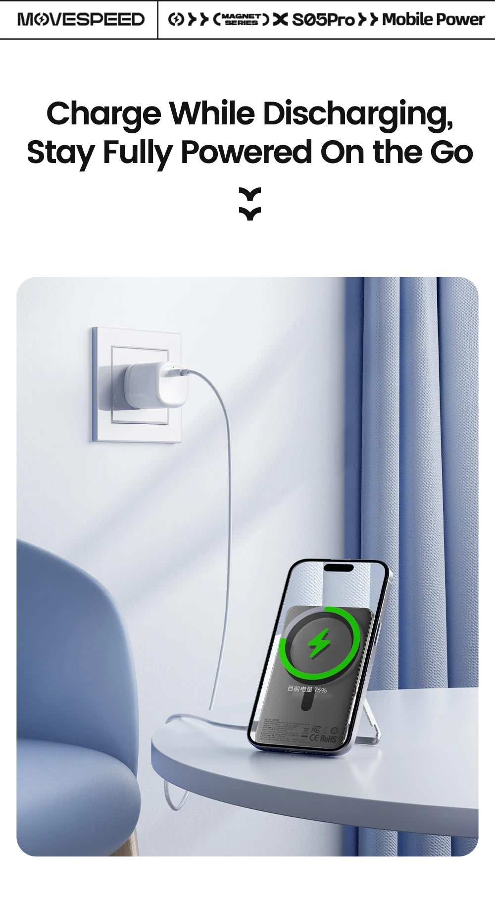 MOVESPEED S10Pro Power Bank magnético de 10000 mAh, batería externa portátil inalámbrica con soporte para MagSafe PowerBank para iPhone 16