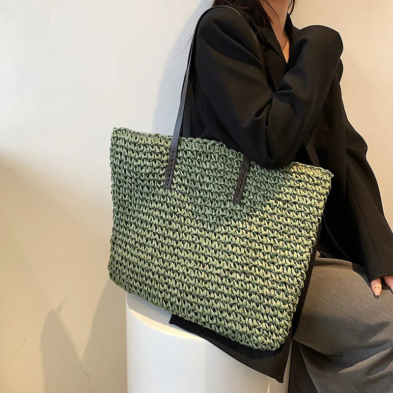 Bolso de mano para mujer, bolso de playa de verano, ratán tejido a mano, paja tejida, gran capacidad, bolsos de mano de cuero para mujer, bolso de hombro bohemio nuevo