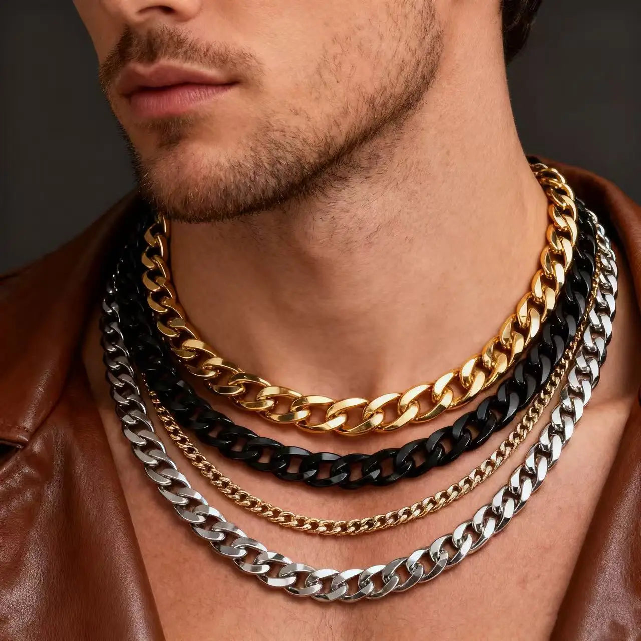 Collar de cadena cubana de acero inoxidable YQ para hombre, estilo gótico punk, joyería, color negro, dorado y plateado.