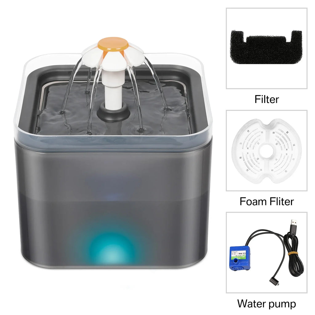Fuente de agua ultra silenciosa para mascotas de 2 litros (67 oz) con iluminación LED y filtro automático de carbón activado. Dispensador de agua silencioso para gatos y perros pequeños